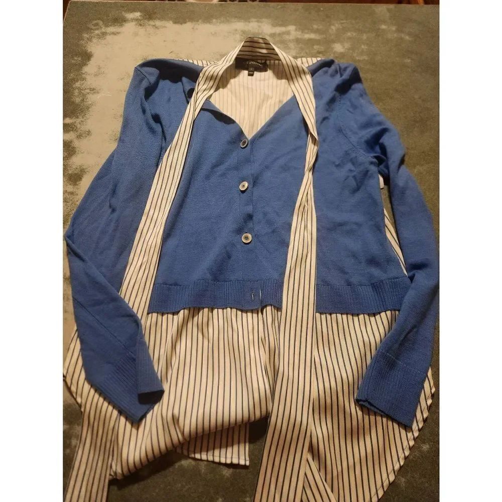 St John blue&white sweater front&silk back tie neck top sz Small